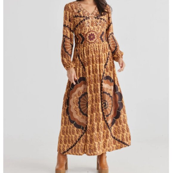 NWT Talisman Womens Sitara Brown Golden Floral Maxi Dress Size XSmall - Picture 1 of 11